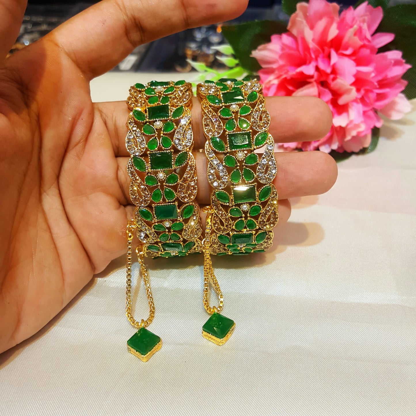 Luxury Crystal Bangles, Ethnic Design, Gold Finish