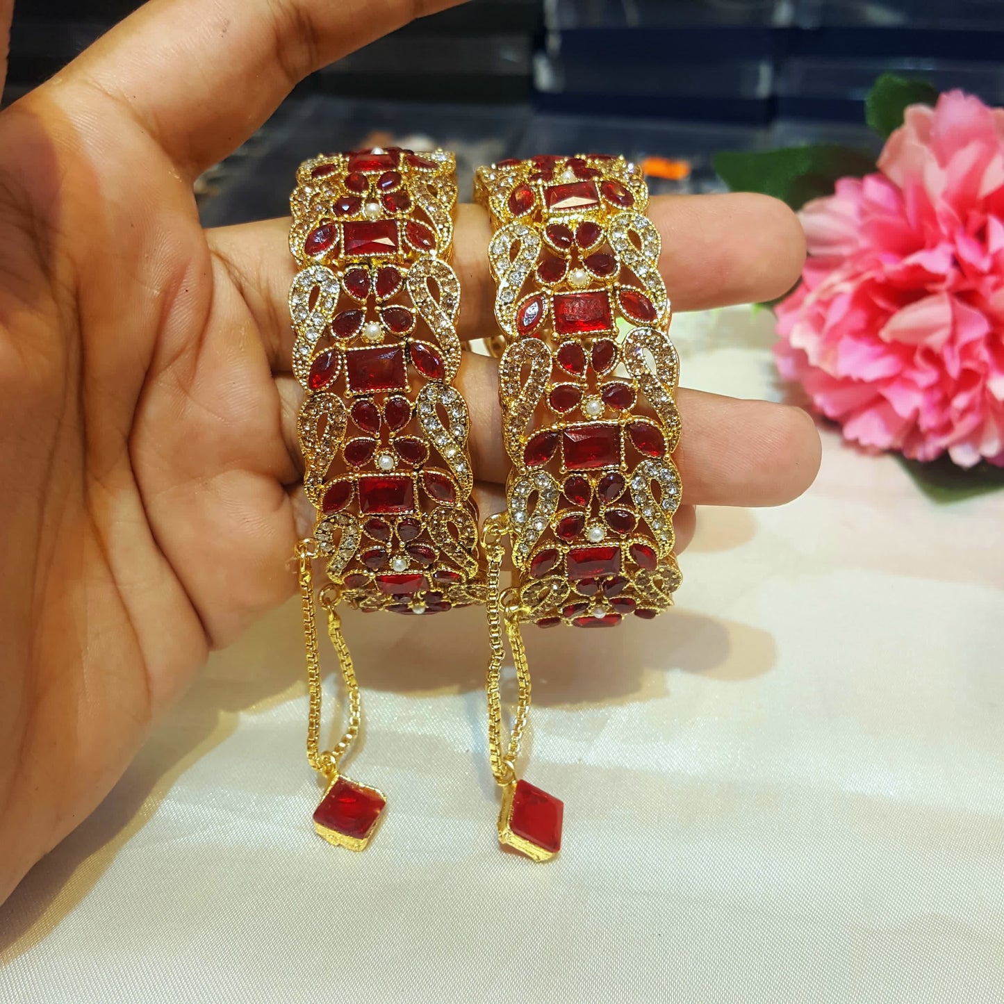 Luxury Crystal Bangles, Ethnic Design, Gold Finish